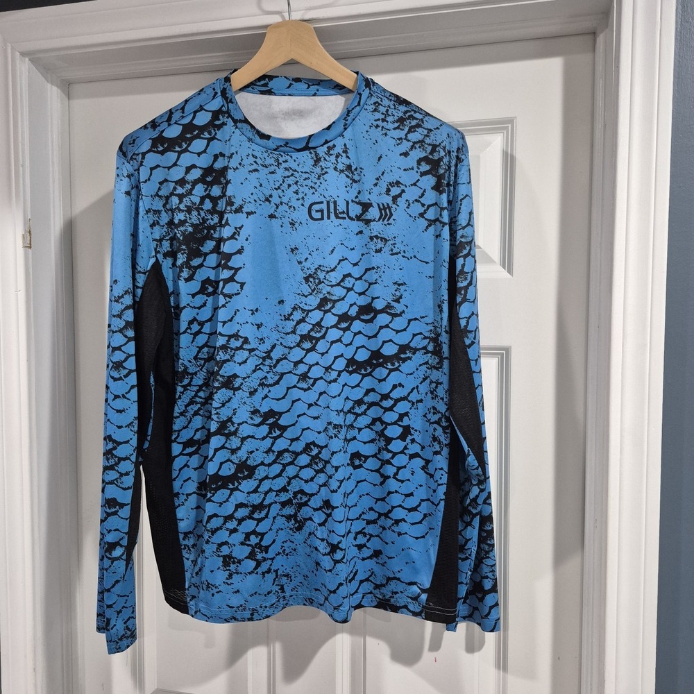 GILLZ Fishing Shirt Mens Large Blue Camo Scales Performance Breathable Stretch